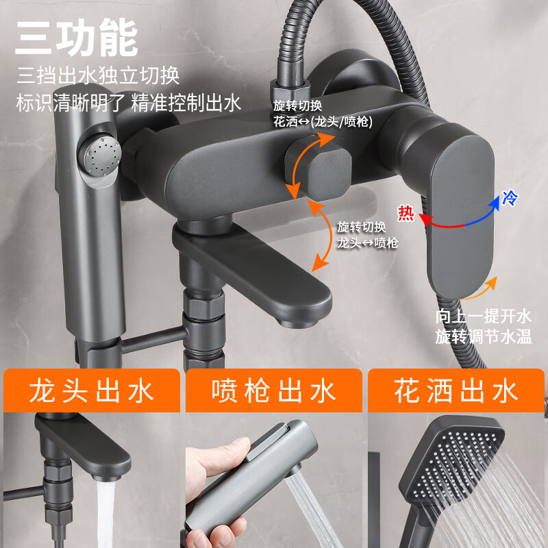 Tipai Gun Gray Bathroom Shower Set Rain Sprinkler Bathroom Hot and Cold Full Copper Mixing Valve Bathtub Faucet Black G Style (Square Sprinkler)