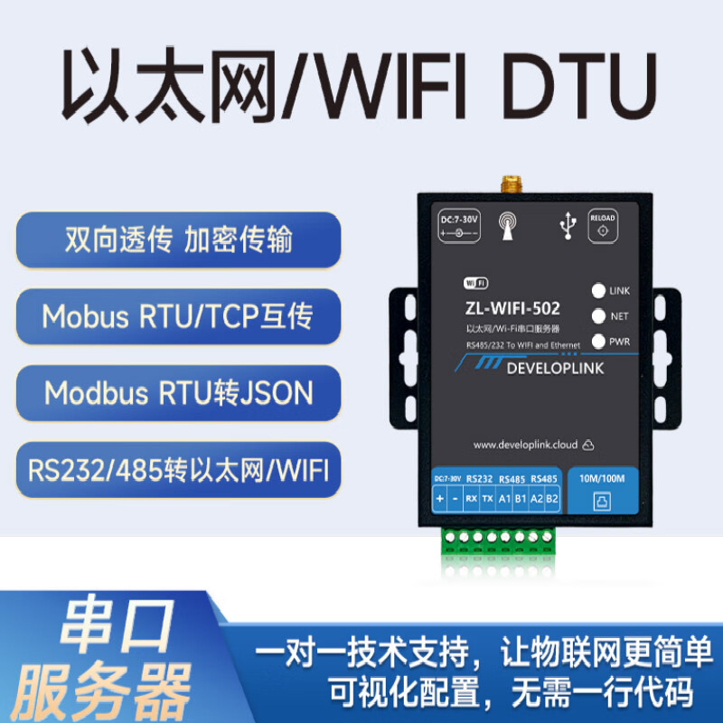 ZL502 WIFI/Ethernet network port edge gateway DTU Modbus to JSON 232485 serial port service ZL-WIFI-502 Ethernet/wifi to wifi suction cup antenna x 12V 1A power supply