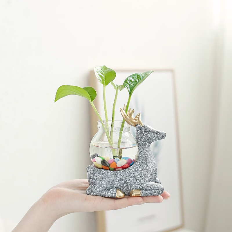 Yuxuan creative glass ornaments animal small flower pot tea table pothos flower vase hydroponic container stand spotted deer (blue) flower pot