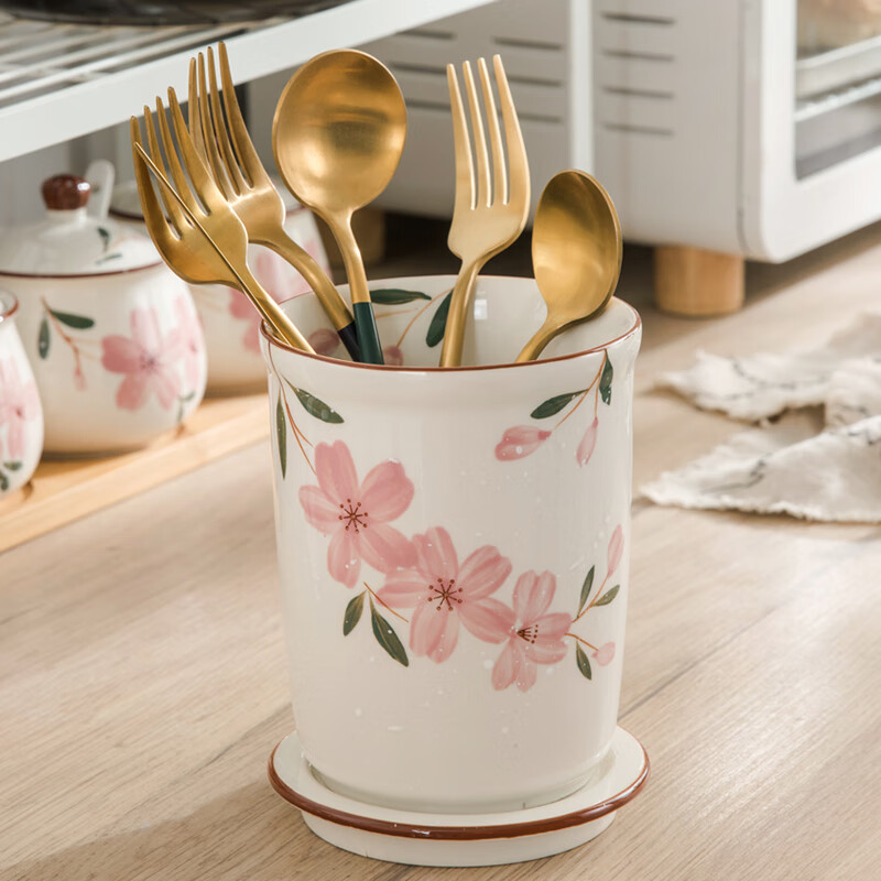 Duomeiran Japanese-style cherry blossom chopstick tube ceramic chopstick holder household drain chopstick basket chopstick bucket chopstick cage storage chopstick holder hand-painted cherry blossom chopstick tube