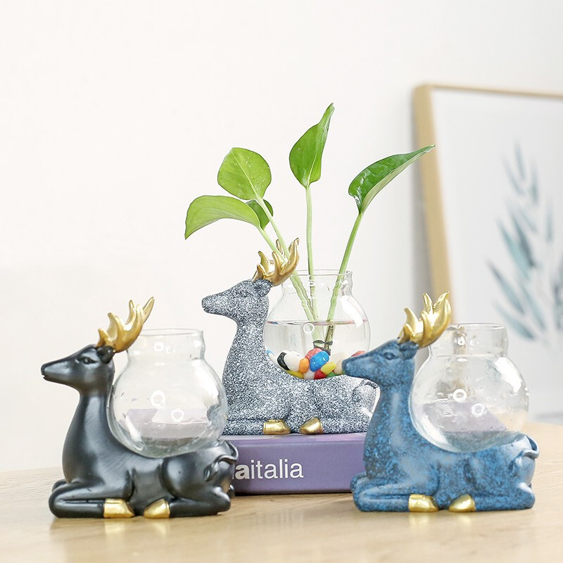 Yuxuan creative glass ornaments animal small flower pot tea table pothos flower vase hydroponic container stand spotted deer (blue) flower pot