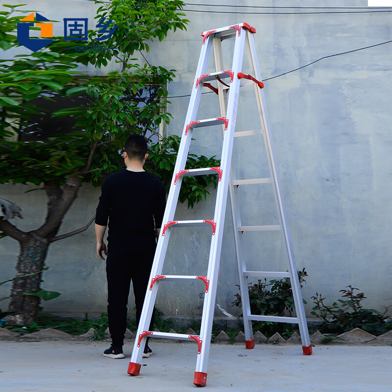 Guxiang aluminum alloy Kuanbang herringbone ladder 2.5M widened and thickened reinforced herringbone ladder engineering ladder indoor and outdoor aluminum ladder reinforced 2.5m