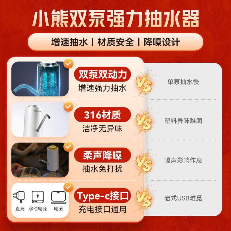 Bear Electric Bottled Water Pump Double Pump Powerful Pumping Pure Drinking Water Automatic Water Filler Pressure Water Dispenser Water Pump Official Direct Sales 316 Stainless Steel YSJ-D05R1