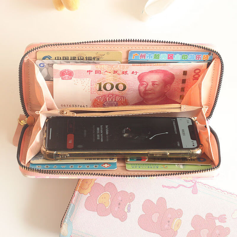 Chenwen children's wallet women's long zipper large capacity large cash slot mobile phone storage bag student cute children's card holder hand-held long wallet superimposed fat cat