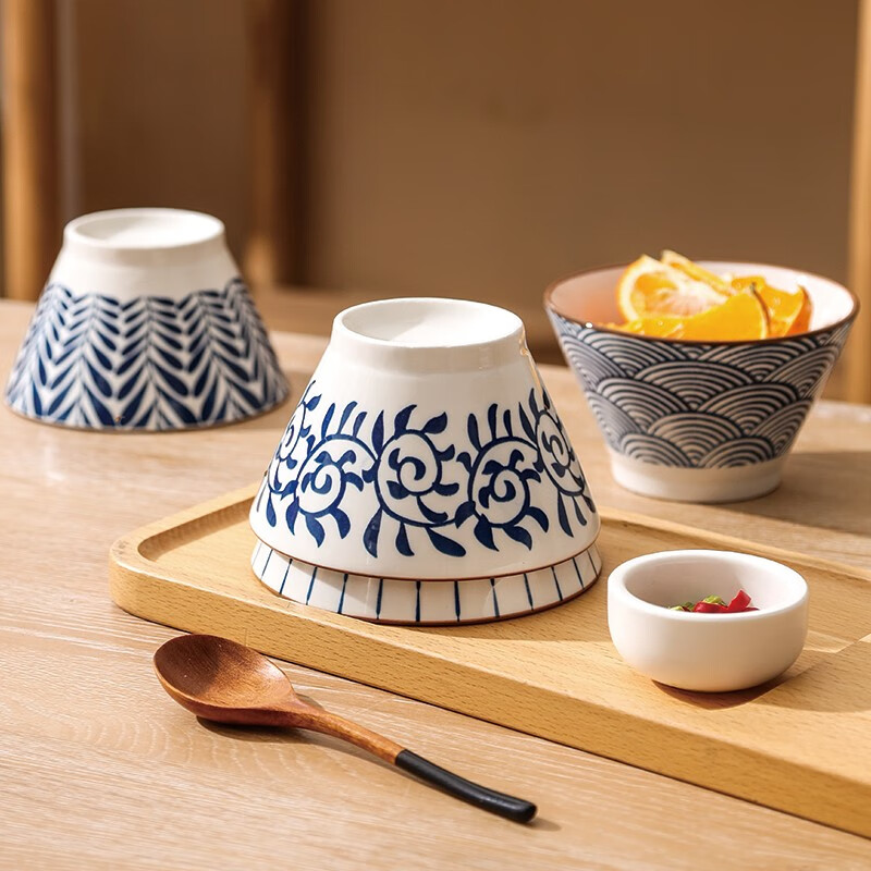 Modern Housewife Japanese Rice Bowl Home Eating Small Bowl High-profile Bowl Noodle Bowl Tableware Ceramic Bamboo Bowl 5-inch Bamboo Bowl (Mixed Color 4 Pack)