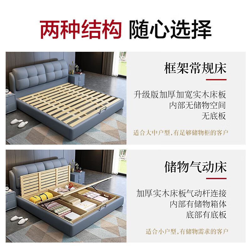 Baiguan Global Bed Leather Bed Bedroom Double Bed Modern Simple Master Bedroom Marriage Bed Solid Wood Soft Back High Box Leather Bed Furniture Bed+Bedside Table*2+Latex Mattress Frame Structure 1800mm*2000mm