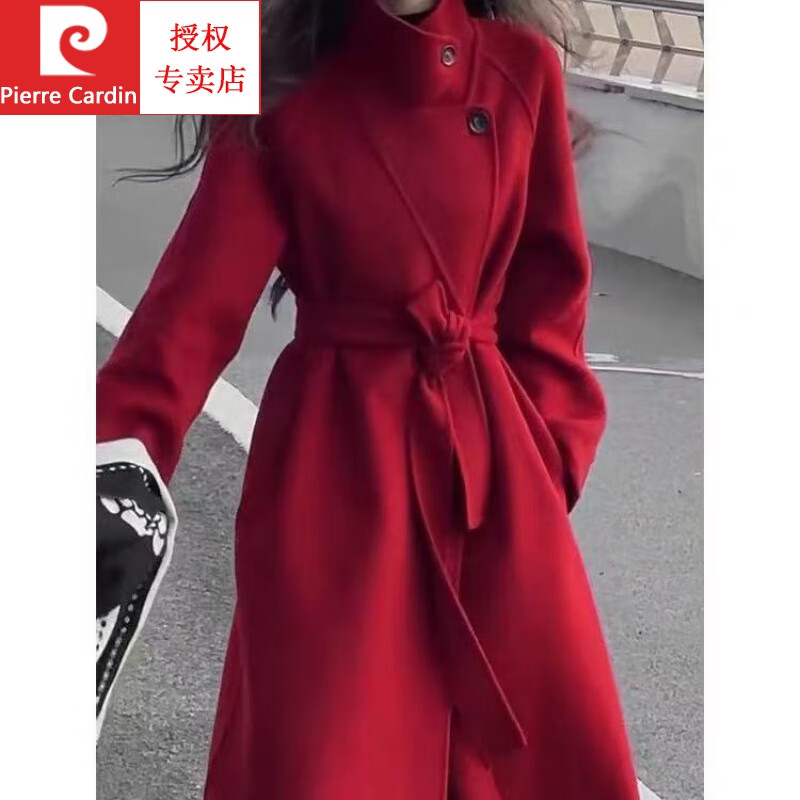 Pierre Cardin thickened wool new cashmere autumn and winter coat long stand-up collar double-sided New Year woolen jersey coat Angora red M