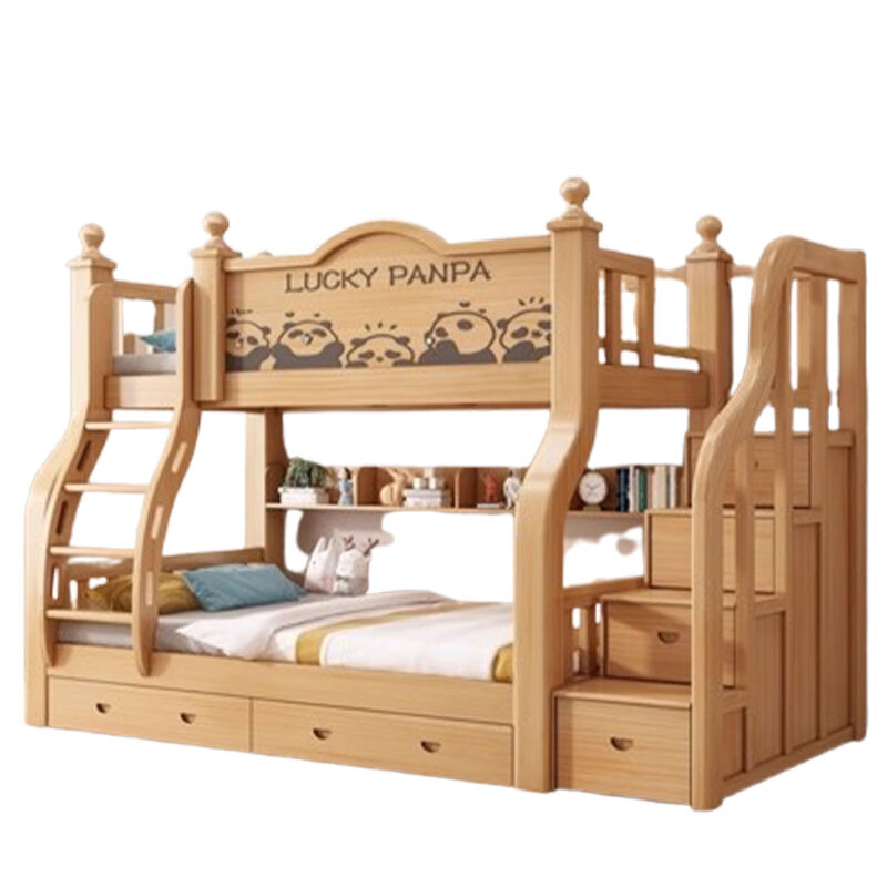Leiyang bunk bed, upper and lower bunk beds, high and low beds, all solid wood, adult wooden bed, small apartment, two floors, ladder cabinet, bookshelf + double drawers + brown cushion * 2 upper 115 lower 135
