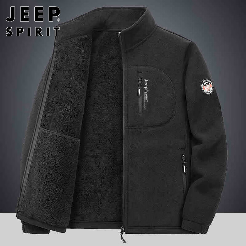 JEEP SPIRIT Jeep Jacket Men's Spring and Autumn Stand Collar Polar Fleece Jacket Men's Velvet Cardigan Sweater Men's Dark Gray XL