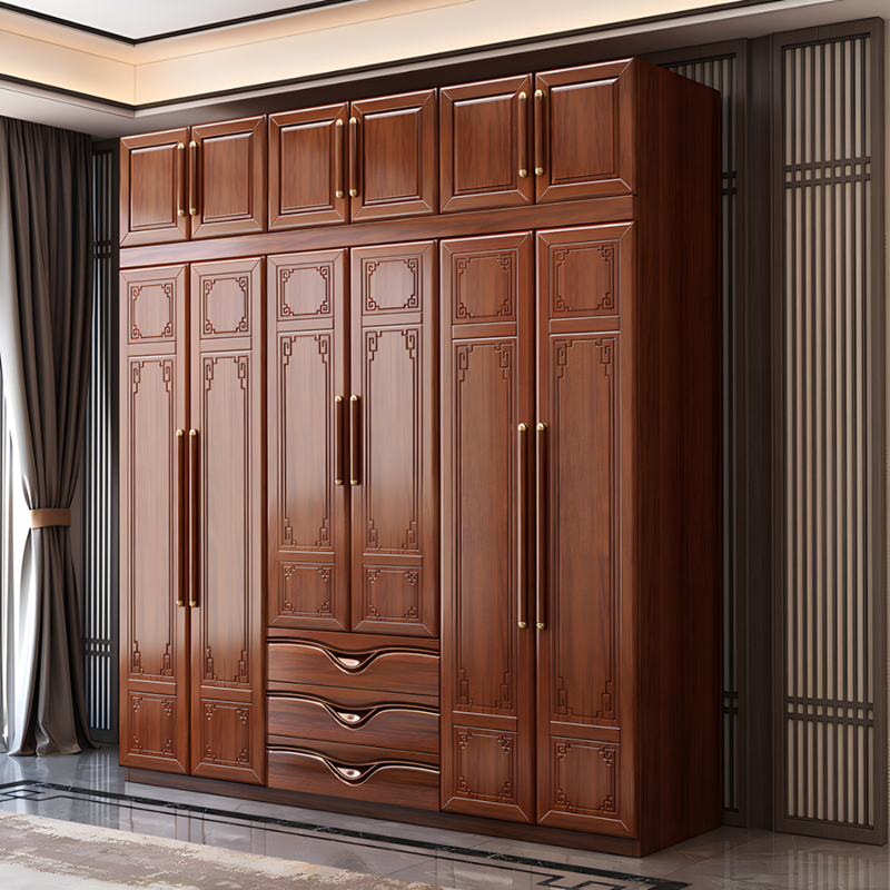 Hengyun Wardrobe New Chinese Style Golden Rosewood Wardrobe with Drawers Bedroom Home Locker Top Cabinet Wardrobe Z8628-1 Six-Door Wardrobe with Center Drawer Golden Rosewood