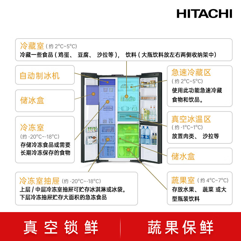 HITACHI Hitachi refrigerator 569L large capacity split three-door original imported R-SBS3100NC vacuum preservation automatic ice bar crystal black