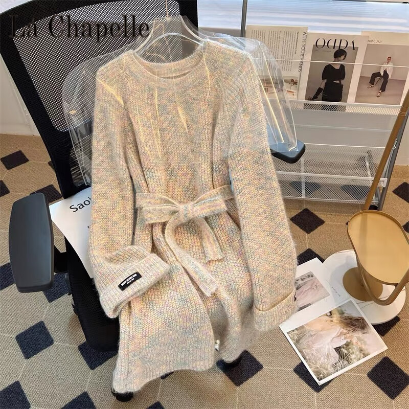 La Chapelle Lazy Style Autumn and Winter Mid-Length Sweater Dress Large Size Loose Tie Waist Sweater Bottoming Skirt Top Women Pure 100 Automatic Heating Flower Apricot High Plus Thick Pure 100 Automatic Heating M 95-105 Jin