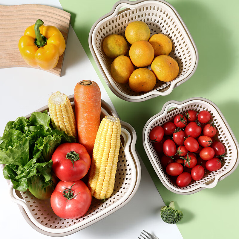 Baijie double-layer drain basket plastic drain basket artifact vegetable sink fruit plate household stackable hanging storage basket 6-piece set