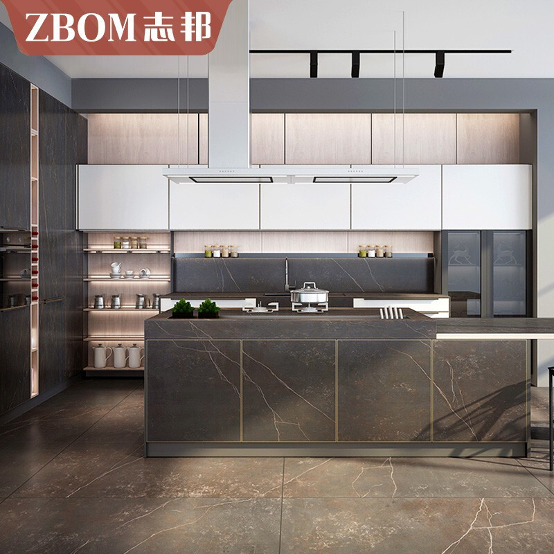 Zhibang Cabinets Kitchen Cabinets Customized Overall Cabinet Decoration High-end Luxurious Slate Colored Glass Kitchen Lift Bar Malmo 3.6m Countertop + 3.6m Floor Cabinet + 1.5m Wall Cabinet