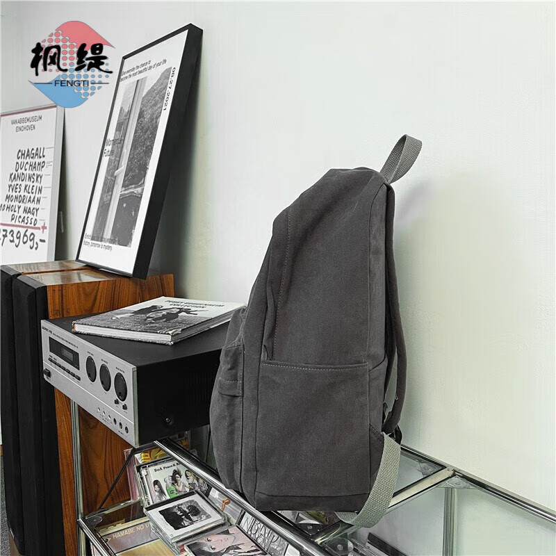 Fengti schoolbag men's junior and high school retro large-capacity backpack female college students high-looking casual travel versatile backpack dark gray with metal astronaut pendant