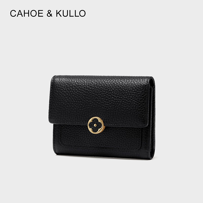CAHOE KULLO official cowhide wallet women's short 2025 new clutch bag women's card holder coin purse multi-card slot wallet black-CK birthday gift for girlfriend