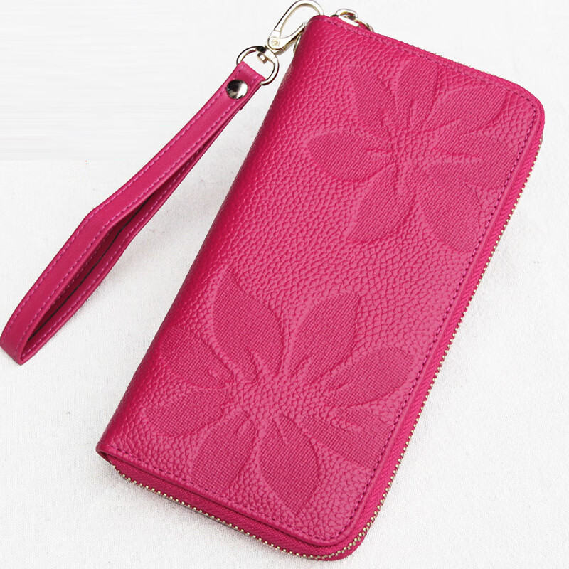 SHARELOVE genuine leather wallet long women's mobile phone bag zipper multi-card slot wallet first layer cowhide yellow fortune wallet new style green plum pattern, single zipper