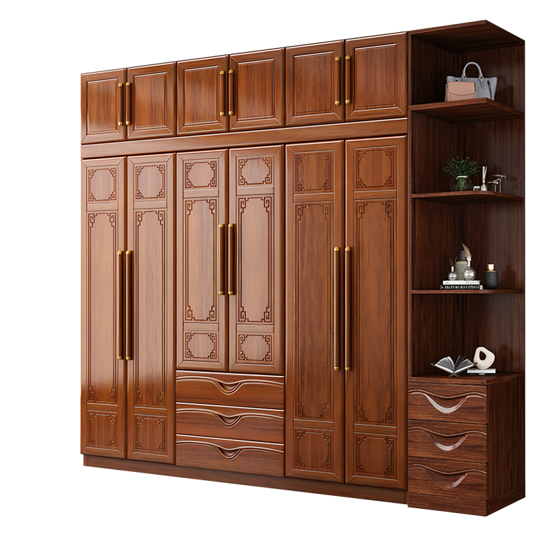 Hengyun Wardrobe New Chinese Style Golden Rosewood Wardrobe with Drawers Bedroom Home Locker Top Cabinet Wardrobe Z8628-1 Six-Door Wardrobe with Center Drawer Golden Rosewood