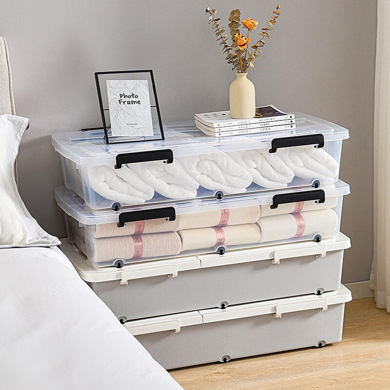 SPACEXPERT Under Bed Storage Box Large Clothes Toy Storage Box Flat Pulley Organizer Car Box Under Bed Storage Box Transparent Under Bed Storage Box 47L Single Pack