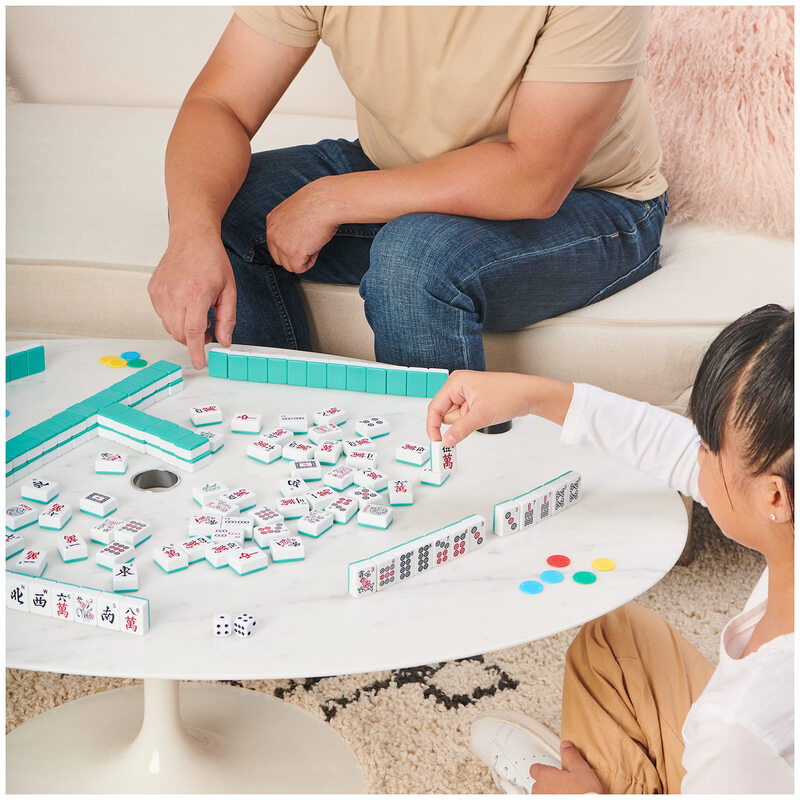 SPIN MASTER classic mahjong set, two-color porcelain tiles, solid wood storage box, family leisure game