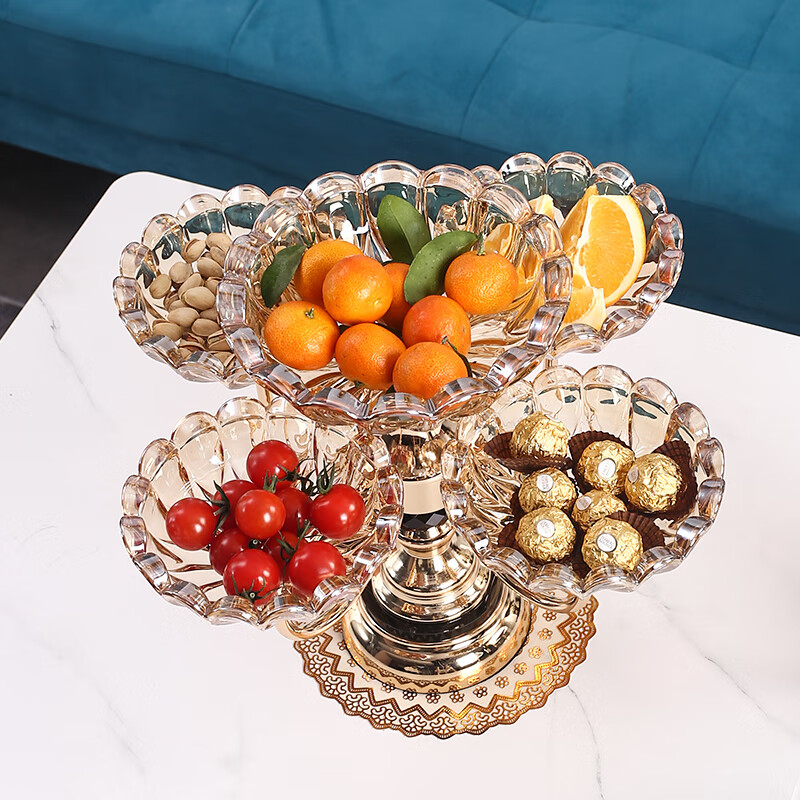 Flower Language Four Seasons European Crystal Glass Multi-layer Rotating Fruit Plate Modern Home Living Room Coffee Table Luxurious Snack Candy Plate Ornaments Five-Connect Plate Ceramic Base Rotatable