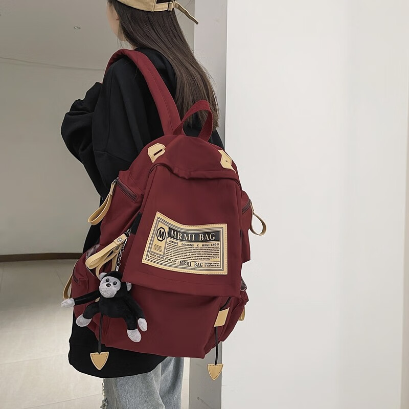 Kangaroo school bag, women's backpack, men's middle school and high school college student backpack, large capacity, wear-resistant 15.6-inch laptop bag, red with gorilla pendant