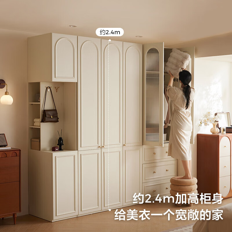 Lin's Home French Retro Large Wardrobe Home Bedroom Finished Storage Cabinet to Top Cloakroom Lin's Wood Industry VE1D 2.0m high | Regular style four-door wardrobe + side cabinet