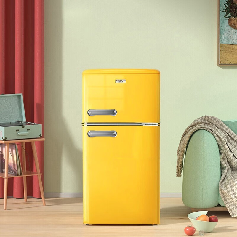 DEMULLER Retro Refrigerator Small Large Capacity Home Rental Refrigerator Cosmetics Silent Powerful Internet Celebrity Refrigerator Refrigerator Freezer Energy Saving BCD-118 Wheat Yellow