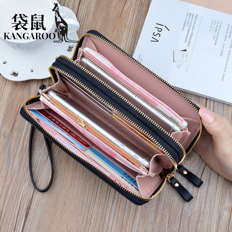 Kangaroo (KANGAROO) New Wallet Women's Long Clutch Double Zipper Wallet Mobile Phone Bag Fashion Simple Large Capacity Double Layer Wallet Black