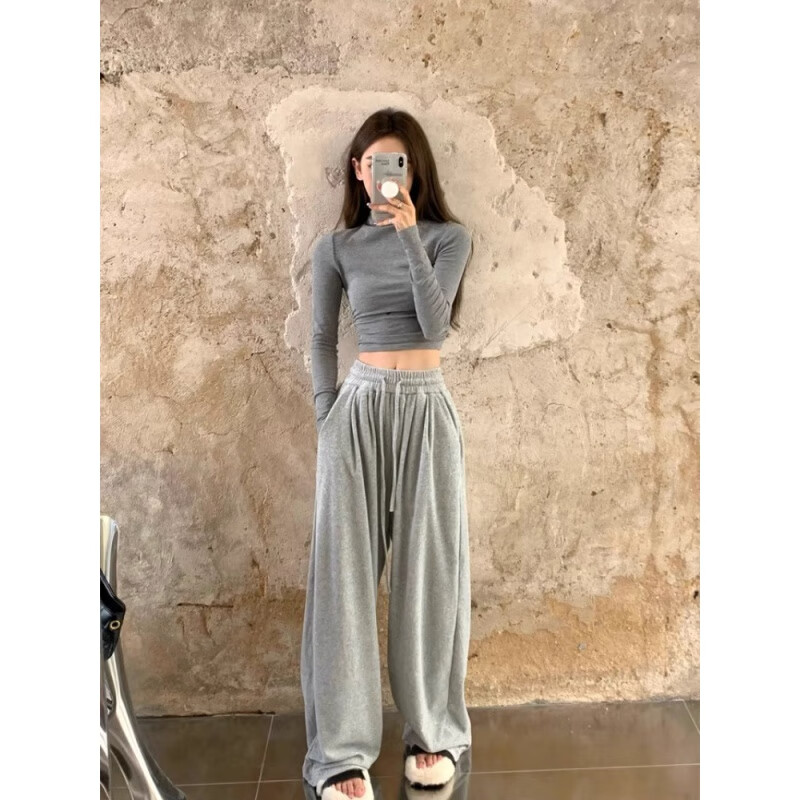 Yalu hot girl slim pleated half-high collar long-sleeved T-shirt for women autumn and winter gray tight inner short top bottoming shirt black M