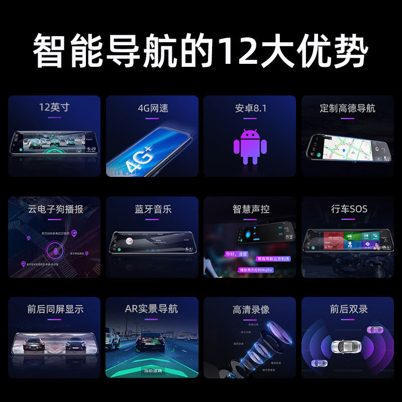 LNDU Lingdu HS996A driving recorder 12-inch 4G Gaode AR panoramic navigation front and rear dual recording high-definition streaming media