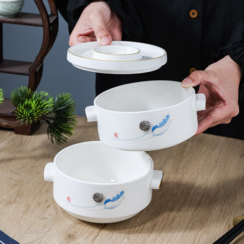Chidu stew cup, soup cup, vegetable cup, hotel high-end tableware, bird's nest dessert bowl, Chinese creative double-layered cup, steaming cup, large double-layered cup - blue lotus painted gold