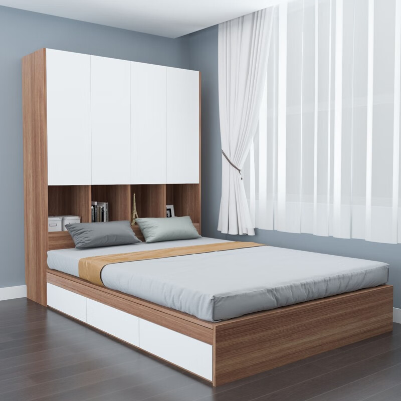 Pingziji multifunctional tatami bed set, small apartment storage cabinet, bedroom furniture, ENF grade paint-free board customization, embossed walnut, 1.5m tatami + vertical cabinet