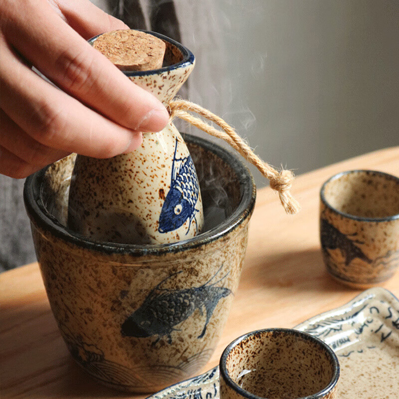 Cup language Japanese retro sake wine set wine warmer set hot wine shochu pot ceramic wine cup white wine household wine cup ancient style large (six pack) 1 pot 4 cups 1 bamboo plate 1 cylinder