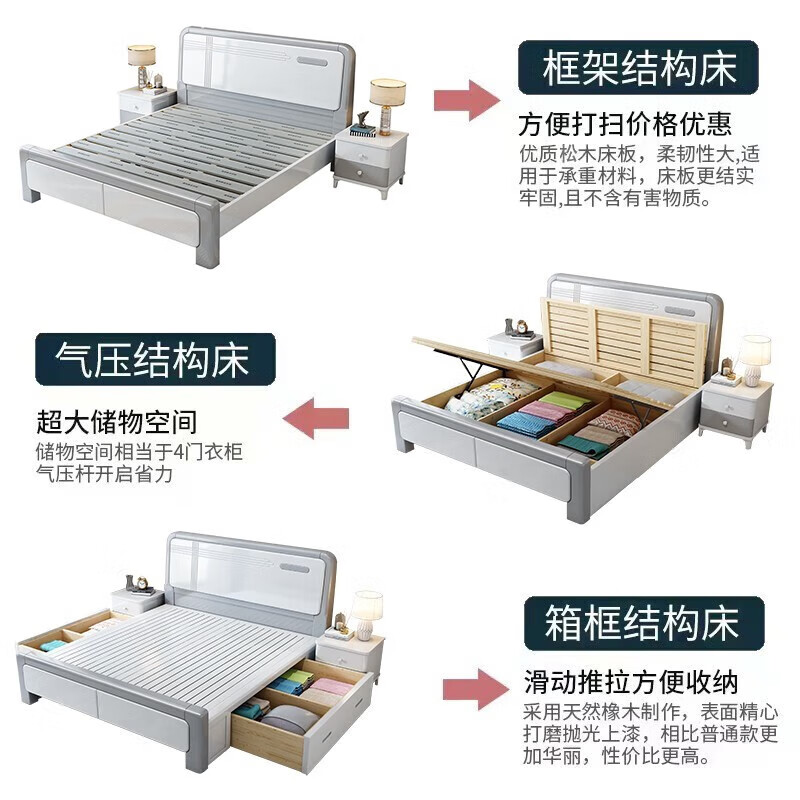 First year all solid wood bed light luxury bed modern simple master bedroom double bed white high box storage wedding bed bedroom furniture silent bed + coconut palm mattress 1.5m*2m frame style