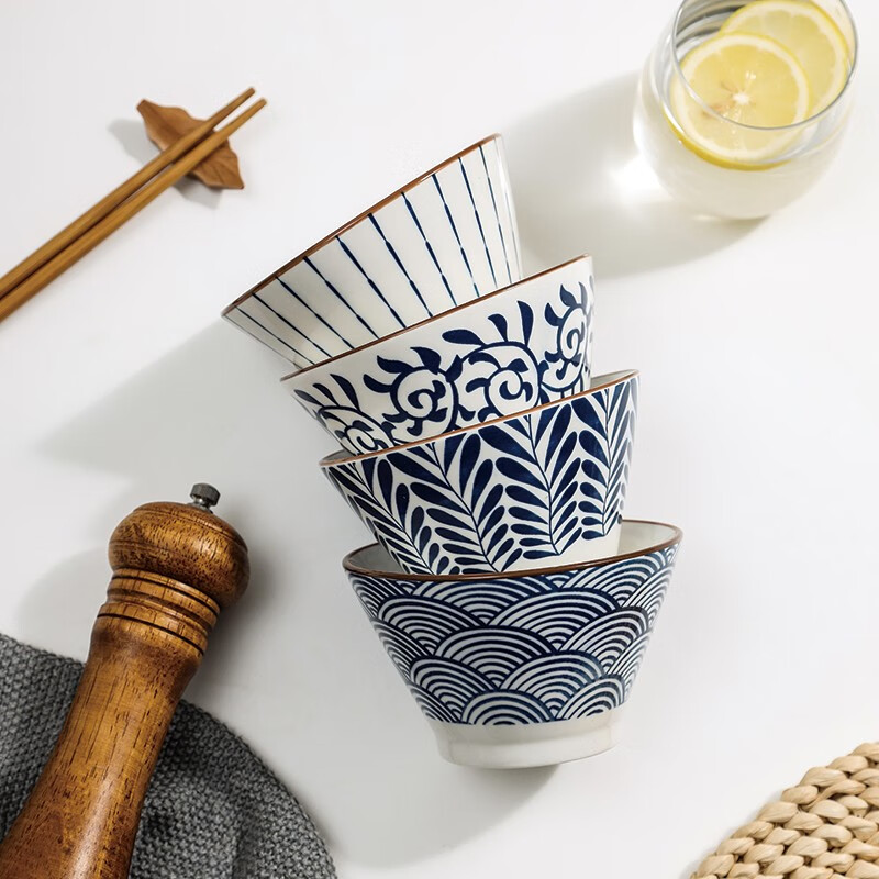 Modern Housewife Japanese Rice Bowl Home Eating Small Bowl High-profile Bowl Noodle Bowl Tableware Ceramic Bamboo Bowl 5-inch Bamboo Bowl (Mixed Color 4 Pack)