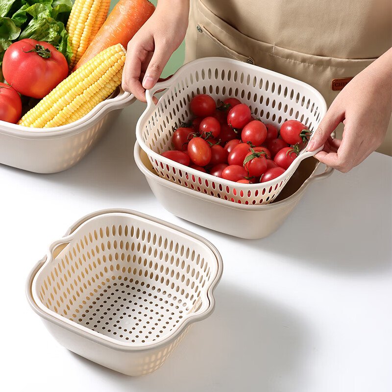 Baijie double-layer drain basket plastic drain basket artifact vegetable sink fruit plate household stackable hanging storage basket 6-piece set