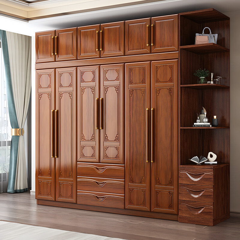 Hengyun Wardrobe New Chinese Style Golden Rosewood Wardrobe with Drawers Bedroom Home Locker Top Cabinet Wardrobe Z8628-1 Six-Door Wardrobe with Center Drawer Golden Rosewood