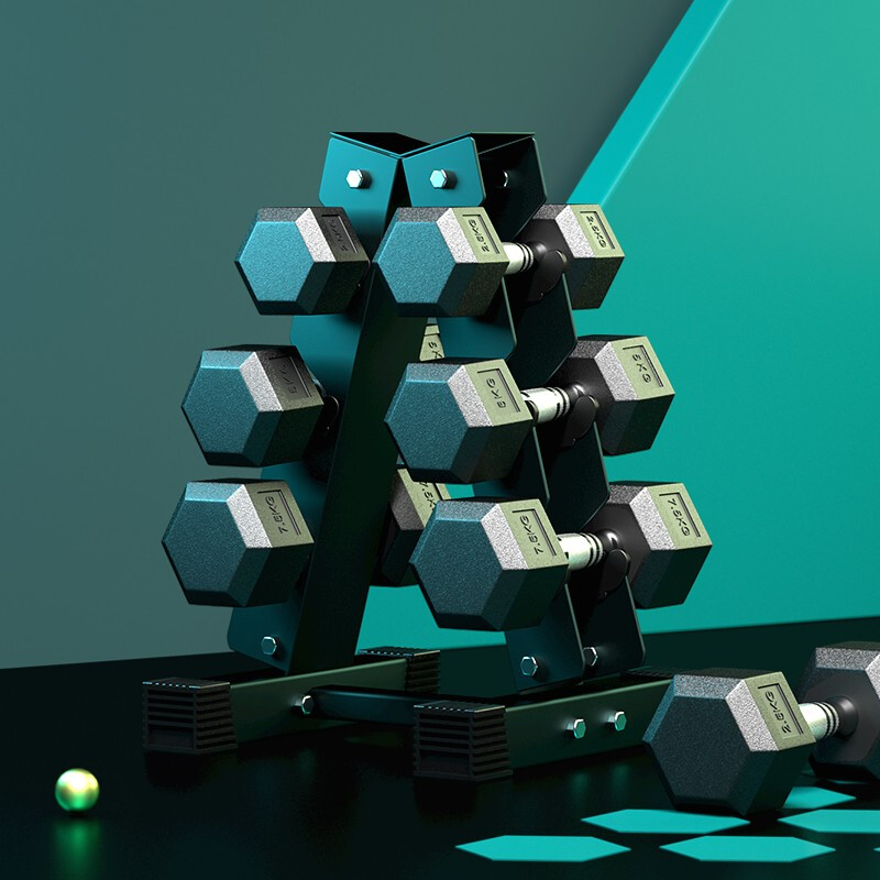 AiMeiShi rubber-coated hexagonal dumbbell for men, environmentally friendly, odor-free, electroplated stainless steel, cast iron solid core, home commercial fitness equipment 7.5KG each