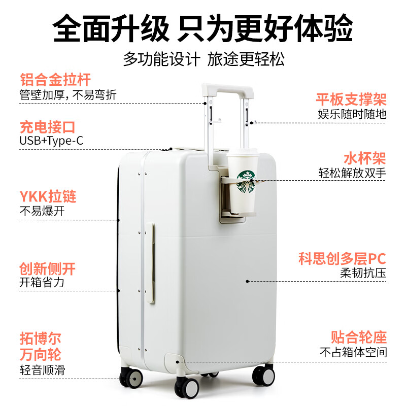 Hanker suitcase trolley suitcase 103 liters large capacity 26 inches plus smoke white cup holder charging side opening aluminum frame