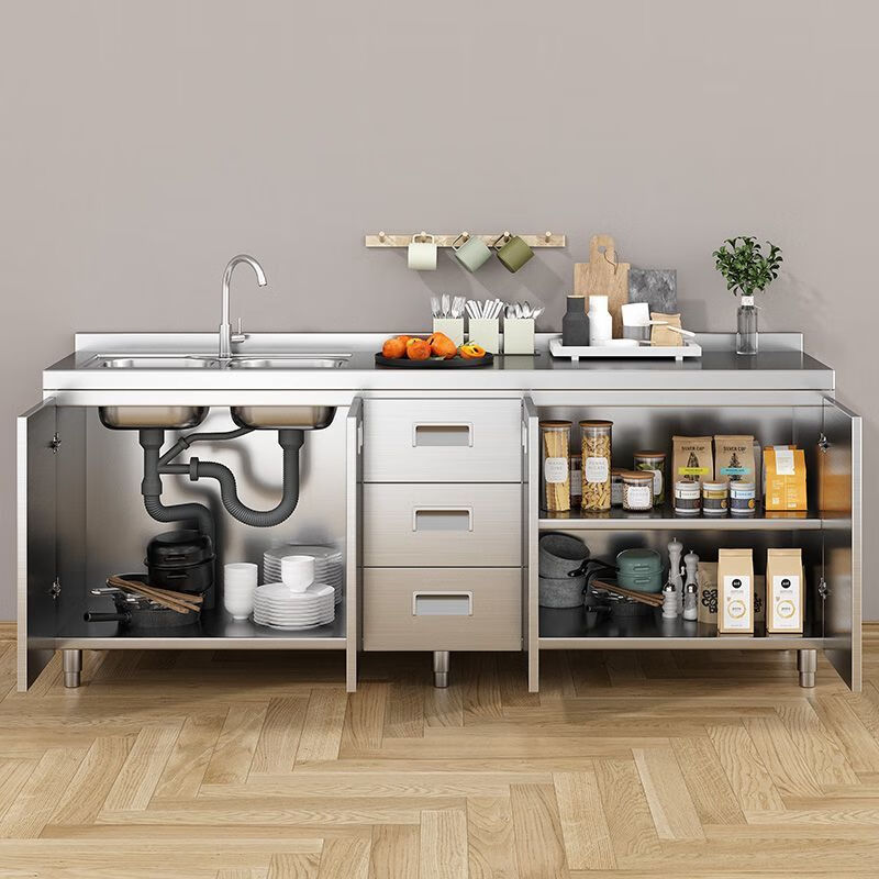 Qinkai 304 integrated kitchen cabinets, all stainless white steel, simple stove, integrated storage and cupboard, household small apartment, main picture, 80CM two doors - installation free