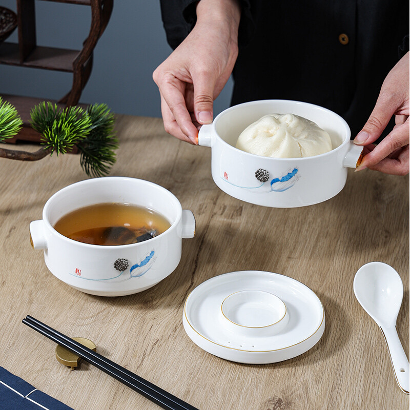Chidu stew cup, soup cup, vegetable cup, hotel high-end tableware, bird's nest dessert bowl, Chinese creative double-layered cup, steaming cup, large double-layered cup - blue lotus painted gold