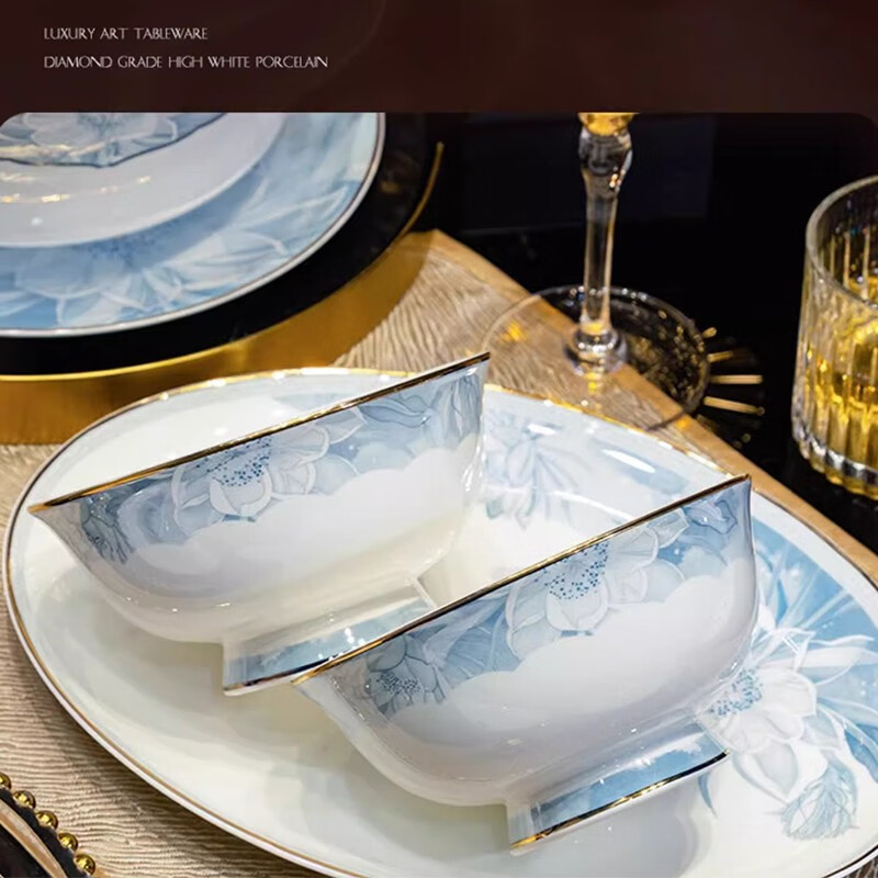 Ruxi Jingdezhen 2025 new bone china tableware household Chinese tableware complete set of Chinese bowl set high-end housewarming gift Blue Lotus 6-person meal 38-piece set