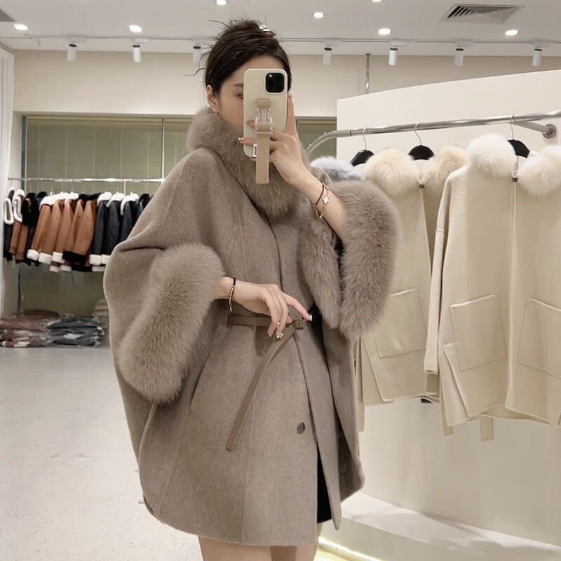 Pierre Cardin young women's cloak fur double-sided woolen coat women's cashmere coat fox fur collar detachable woolen coat floral coffee color S around 80-130 pounds