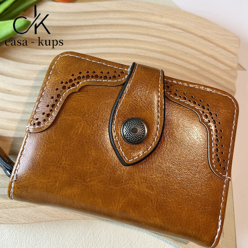 Casa-kupsCK women's bag light luxury simple women's bag retro oil wax leather zipper short wallet exquisite high-end large capacity brown