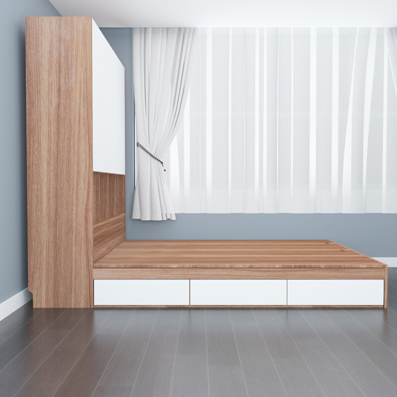 Pingziji multifunctional tatami bed set, small apartment storage cabinet, bedroom furniture, ENF grade paint-free board customization, embossed walnut, 1.5m tatami + vertical cabinet