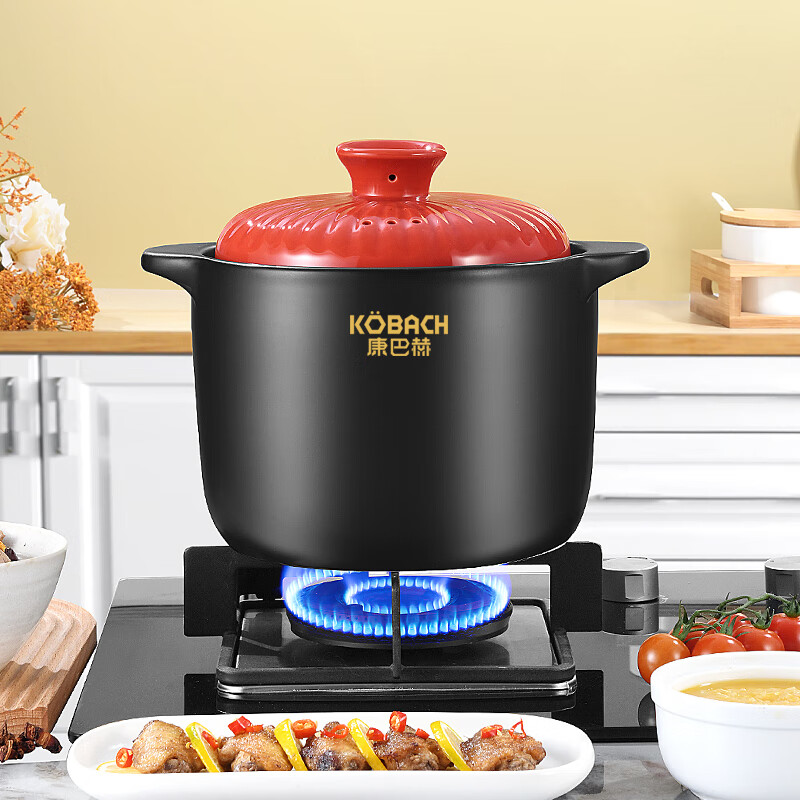 KOBACH casserole, stew, simmer, ceramic pot, fry, Chinese medicine pot, high temperature resistant, non-cracking, health-preserving soup cooker, electric ceramic stove, gas stove, large size with red lid (1-7 people) 4.8L