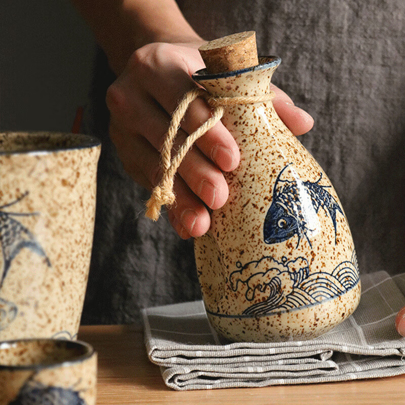 Cup language Japanese retro sake wine set wine warmer set hot wine shochu pot ceramic wine cup white wine household wine cup ancient style large (six pack) 1 pot 4 cups 1 bamboo plate 1 cylinder