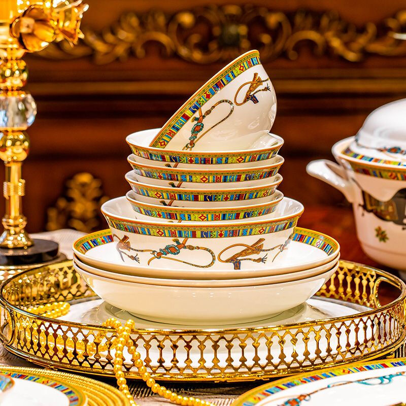 Da Mo Huang Jingdezhen tableware and dishes set household European light luxury ceramic dishes and chopsticks gift box Hermès - 56-piece set