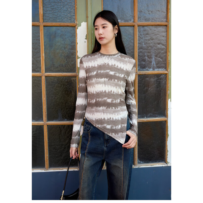 Nishimachi Village House (SETIROM) slim-fitting bottoming shirt for women 2024 spring new style irregular smudged fashionable top HA9105001 Coffee F